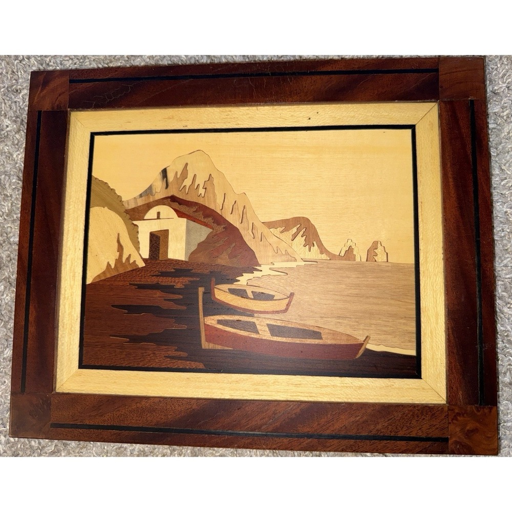 Set Of‎ 2 Vintage Italian Marquetry Inlaid Wood Sorrento Style Coastal Scenes - Picture 7 of 9